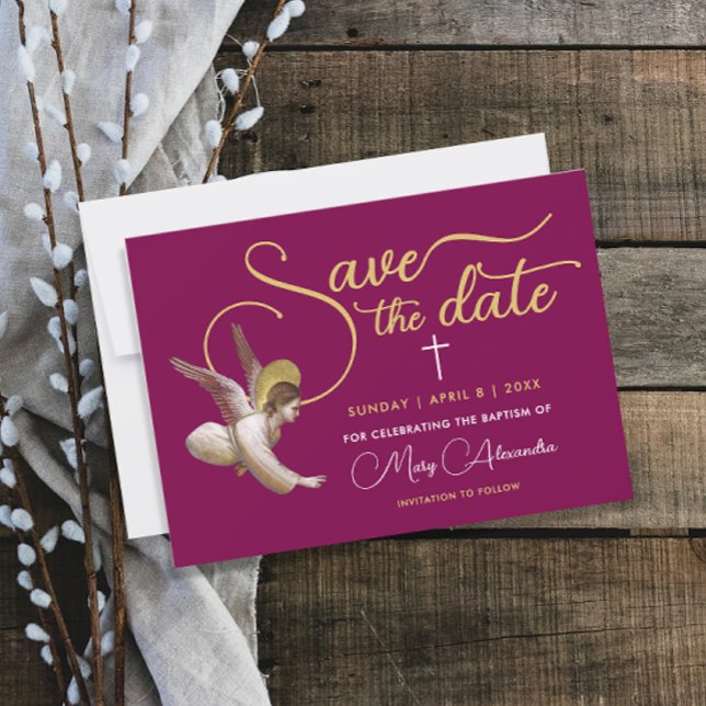 Elegant Burgundy Gold God Bless Religious Script Save The Date (Creator Uploaded)