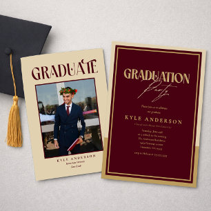 Elegant Burgundy Gold Graduation Party Photo Invitation
