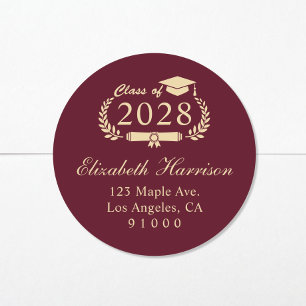 Elegant Burgundy Gold Graduation Return Address Classic Round Sticker