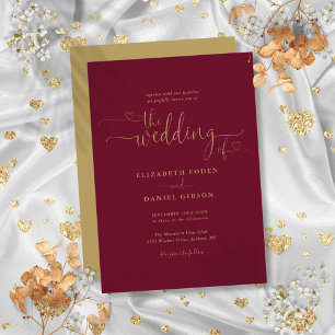 Elegant Burgundy Gold Hearts Calligraphy Wedding  Invitation