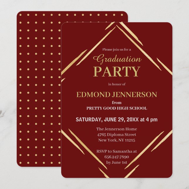Elegant Burgundy Gold High School Graduation Party Invitation (Front/Back)