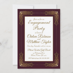 Elegant Burgundy Gold Lace Frame Engagement Party Invitation