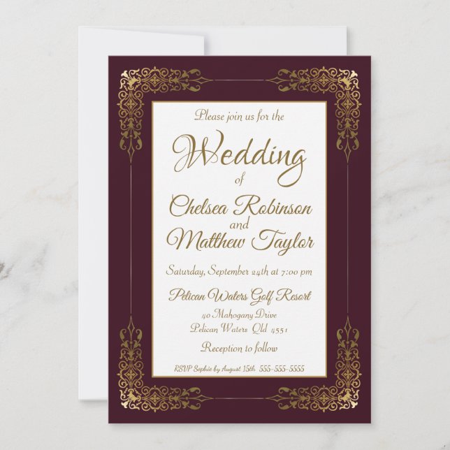 Elegant Burgundy Gold Lace Frame Wedding Invitation (Front)