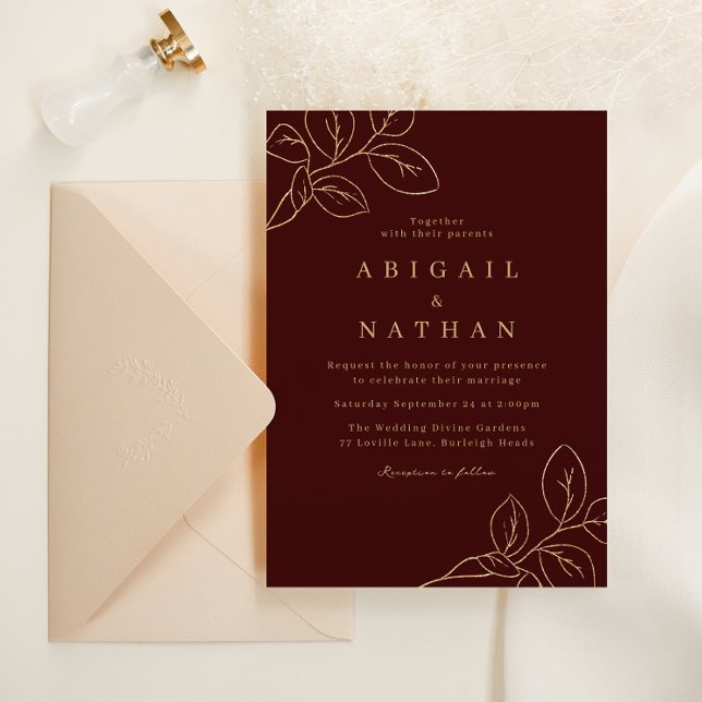 Elegant Burgundy & Gold Leaf Wedding Invitation (Creator Uploaded)