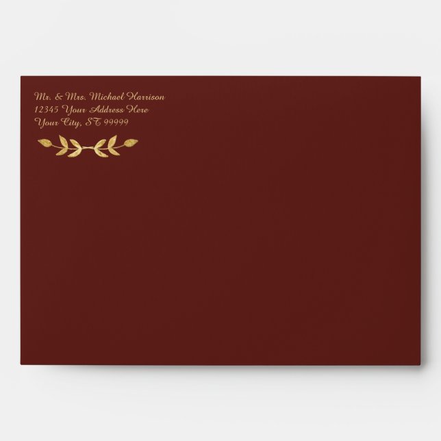 Elegant Burgundy Gold Leaf Wreath Classy Wedding Envelope (Front)