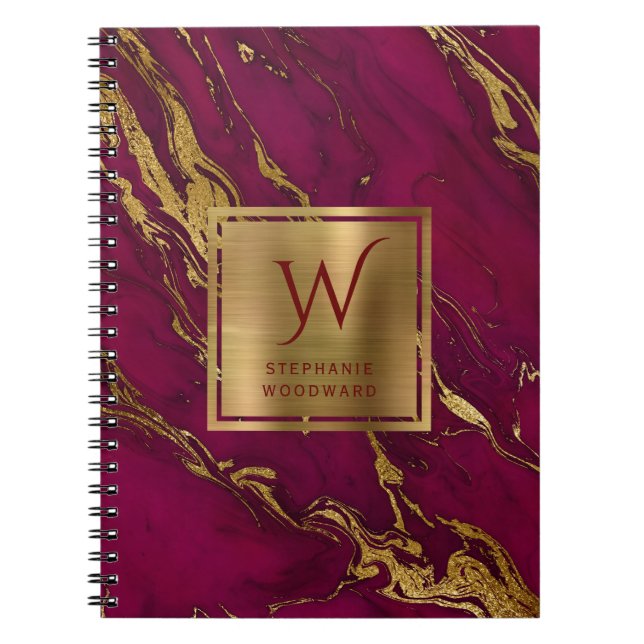 Elegant Burgundy Gold Marble Monogram Notebook (Front)