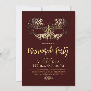 Elegant Burgundy Gold Masquerade Party Birthday Invitation