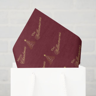 Elegant Burgundy Gold Merry Christmas Family Name Tissue Paper