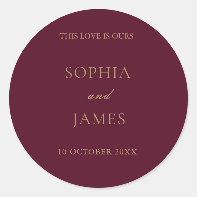 Elegant Burgundy Gold Minimalist Wedding Classic Round Sticker (Front)