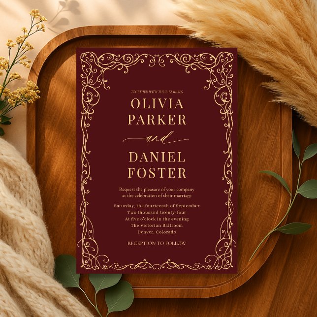Elegant Burgundy Gold Minimalist Wedding Invitation (Creator Uploaded)
