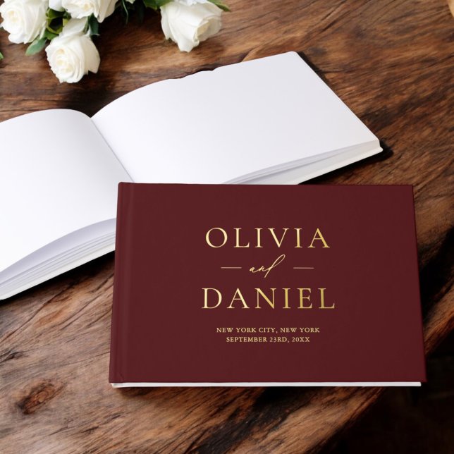 Elegant Burgundy Gold Modern Minimalist Guest Book (Creator Uploaded)
