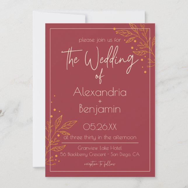 Elegant Burgundy & Gold Modern Wedding Invitation (Front)
