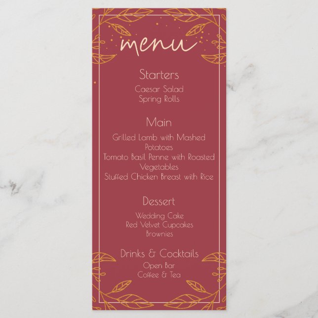 Elegant Burgundy & Gold Modern Wedding Menu Card (Front)