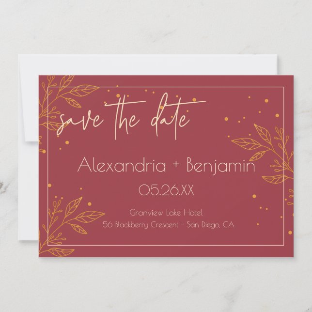 Elegant Burgundy & Gold Modern Wedding Save The Date (Front)