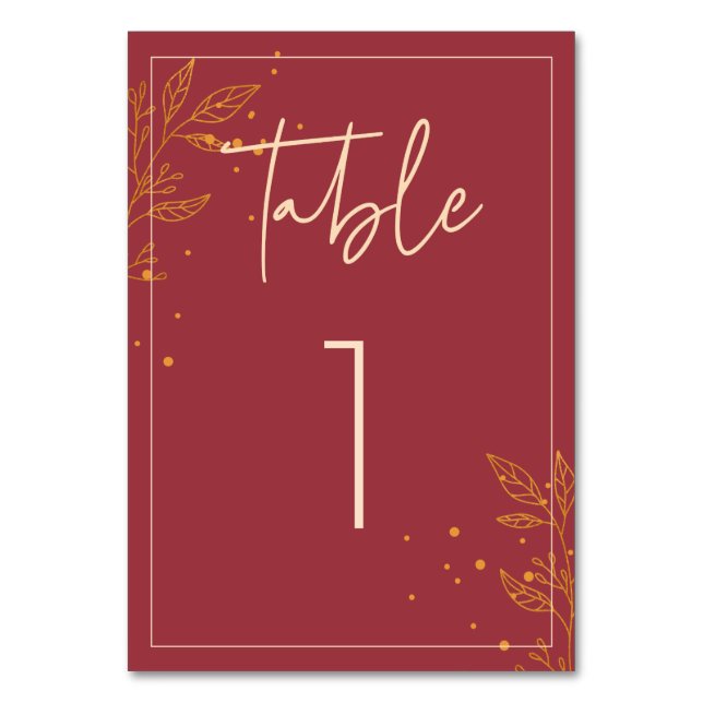 Elegant Burgundy & Gold Modern Wedding Table Number (Front)