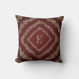Elegant Burgundy & Gold Monogram Letter E Cushion