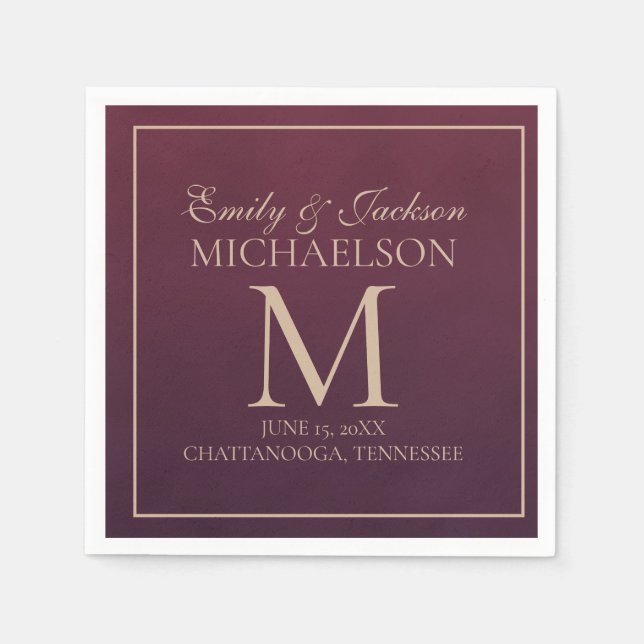 Elegant Burgundy Gold Monogram Wedding Napkin (Front)