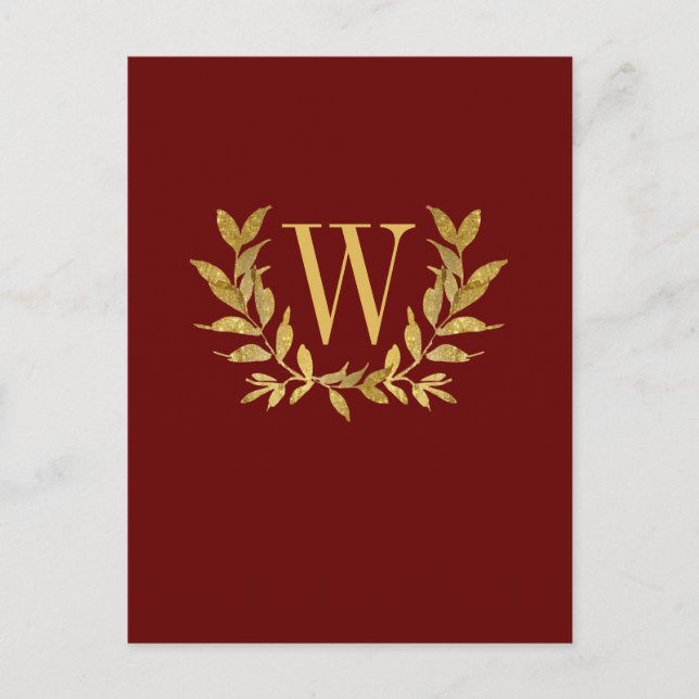 Elegant Burgundy Gold Monogram Wedding Postcard (Front)