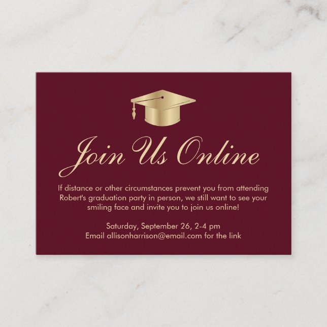 Elegant Burgundy Gold Online Graduation Party Enclosure Card (Front)