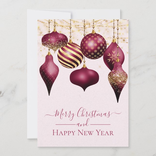 Elegant Burgundy Gold Ornaments Christmas Card (Front)