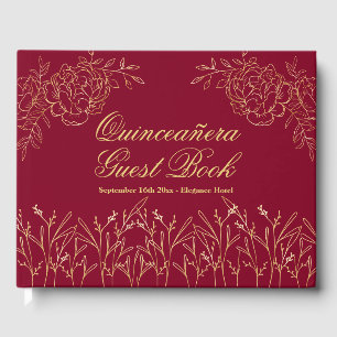 Elegant Burgundy Gold Outline Floral Quinceanera Guest Book