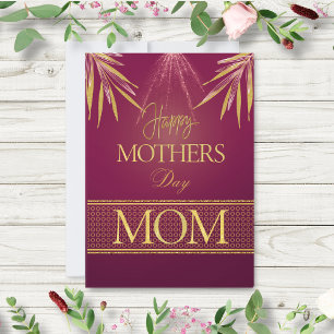 Elegant Burgundy Gold Palm Leaf Mother's Day Flat Card