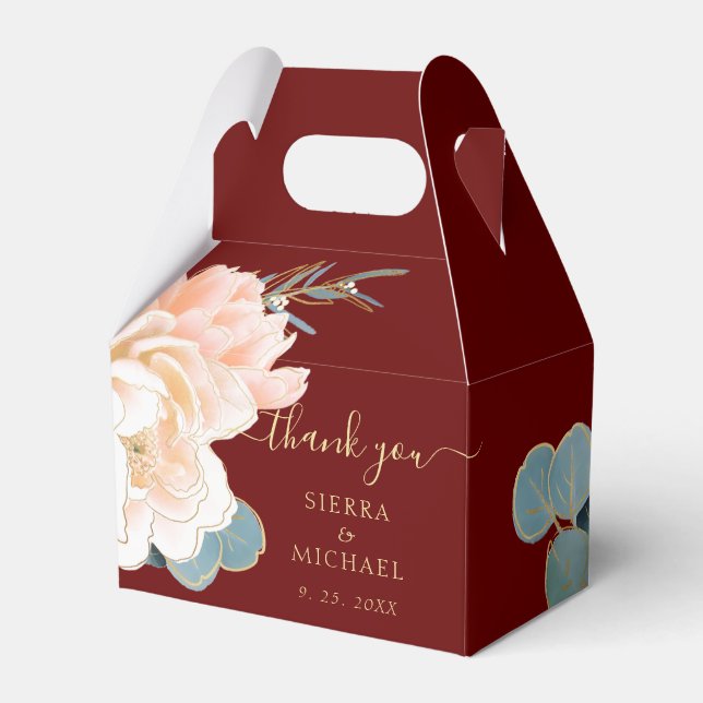 Elegant Burgundy Gold Peach Cream Floral Wedding Favour Box (Front Side)