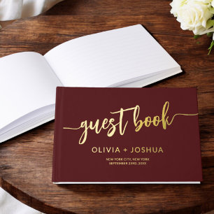 Elegant Burgundy Gold Photo Minimalist Script Guest Book