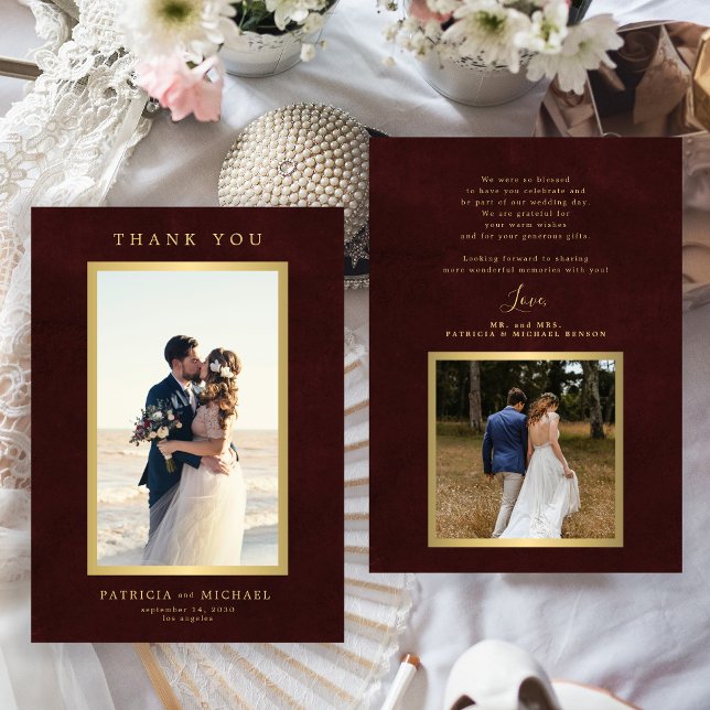 Elegant burgundy gold photo wedding  thank you card (Creator Uploaded)