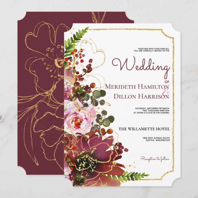 Elegant Burgundy Gold Pink Coral Floral Wedding Invitation (Front/Back)