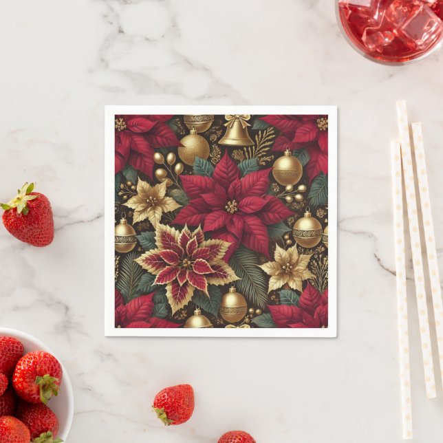 Elegant Burgundy & Gold Poinsettia Decoupage Napkin (Insitu)