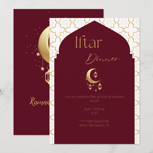 Elegant Burgundy & Gold Ramadan Iftar Invitation  (Front/Back)