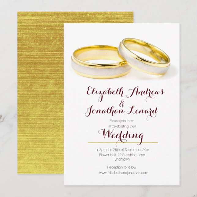 Elegant Burgundy Gold Rings Wedding Invite (Front/Back)