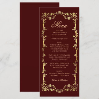 Elegant Burgundy Gold Rose Ornate Wedding Menu