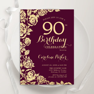 Elegant Burgundy Gold Roses 90th Birthday Invitation