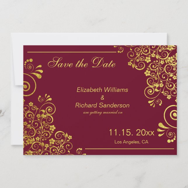 Elegant Burgundy Gold Save the Date  Wedding (Front)