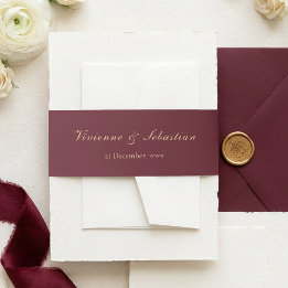 Elegant Burgundy Gold Script Minimalist Wedding Invitation Belly Band