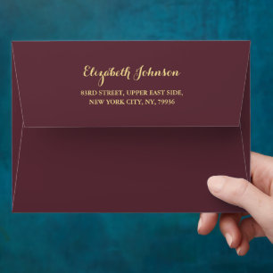 Elegant Burgundy Gold Script Name Return Address Envelope