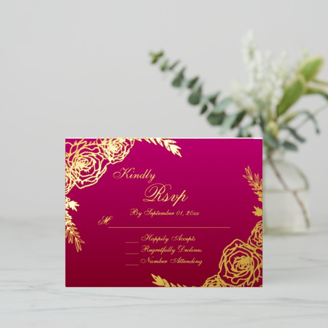 Elegant Burgundy Gold Script Wedding RSVP Card (Standing Front)