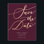 Elegant Burgundy Gold Script Wedding Save the Date Announcement Postcard<br><div class="desc">Elegant and modern save the date template postcard featuring a hand lettered calligraphy text that says "Save the Date" in faux gold on a burgundy background. On the back of the card you can add a brief message of your relationship and how you're excited for the celebration. This typography design...</div>