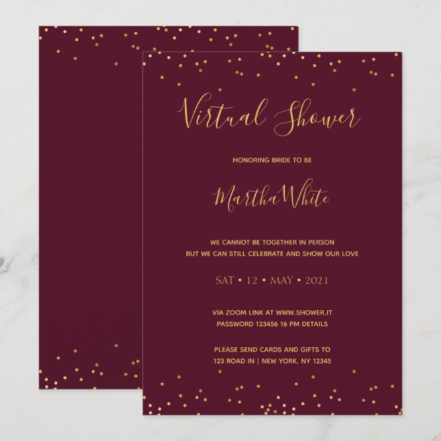 Elegant Burgundy Gold Simple Virtual Bridal Shower Invitation (Front/Back)
