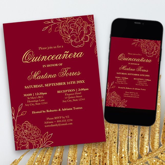 Elegant Burgundy Gold Sketch Floral Quinceanera Invitation (Red and Gold Quinceanera Invitation with church ceremony, from my Gold Sketched Floral collection
)