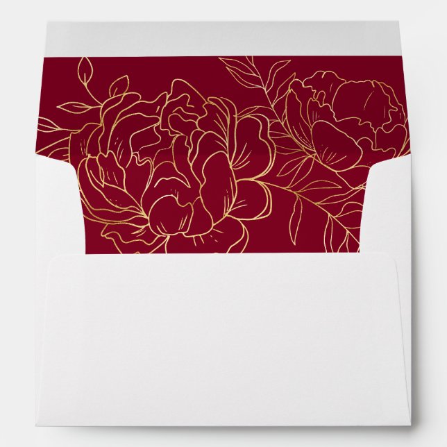 Elegant Burgundy Gold Sketch Floral Return Address Envelope (Back (Bottom))