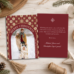 Elegant Burgundy & Gold Snowflake Christmas Photo Holiday Card