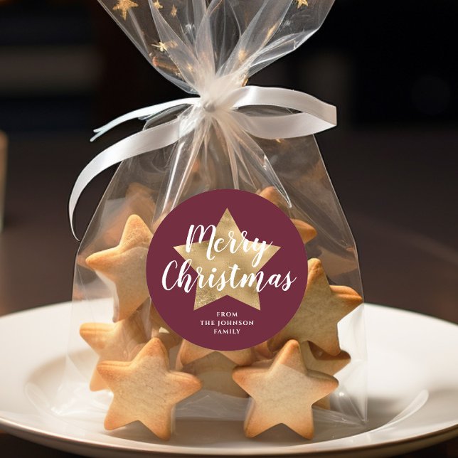Elegant Burgundy Gold Star Merry Christmas Classic Round Sticker (Merry Christmas Gold Star Red Burgundy Classic Round Sticker)