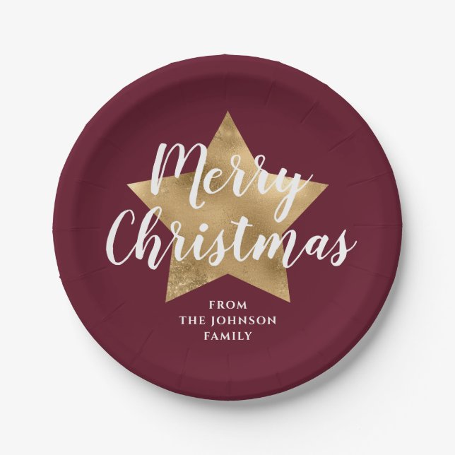 Elegant Burgundy Gold Star Merry Christmas Paper Plate (Front)