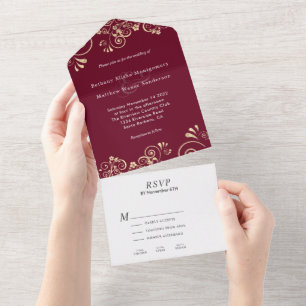 Elegant Burgundy Gold Swirl Wedding  All In One Invitation