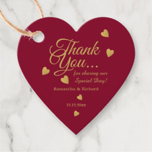 Elegant Burgundy & Gold Thank You Heart Wedding Favour Tags