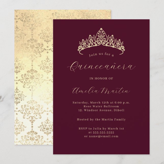 Elegant Burgundy Gold Tiara Quinceanera  Invitation (Front/Back)