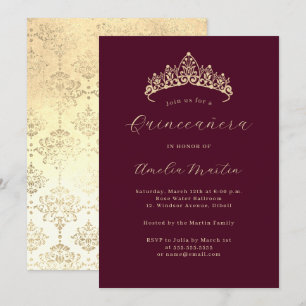 Elegant Burgundy Gold Tiara Quinceanera Invitation